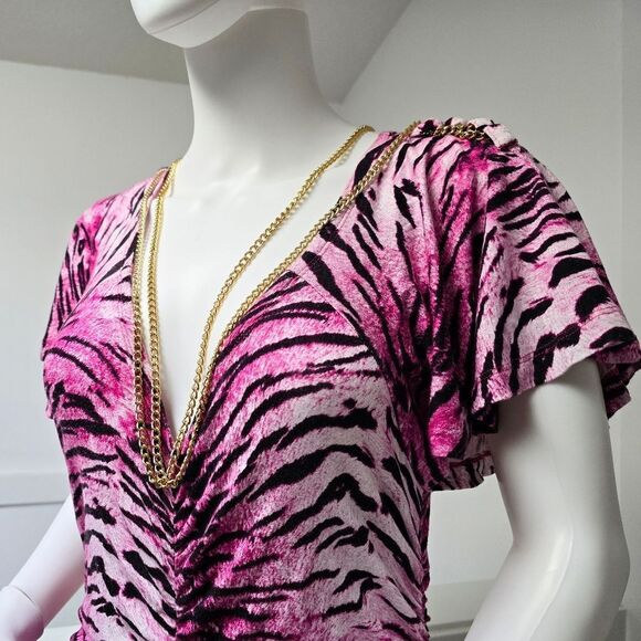 COOGI Y2K Ruched Plunge Zebra Print Mini Dress in Electric Hot Pink - Picture 3 of 16